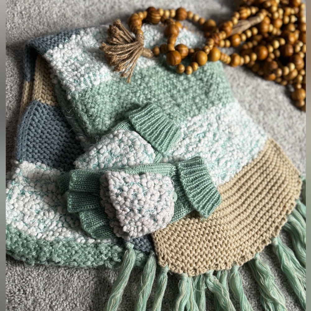 Green and Beige Knit Scarf & Gloves with Fringe